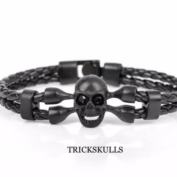 Womens Steel & Leather BLACK Braided Skull & Crossbones Cuff Bracelet 8 1/4” in - Picture 2 of 10